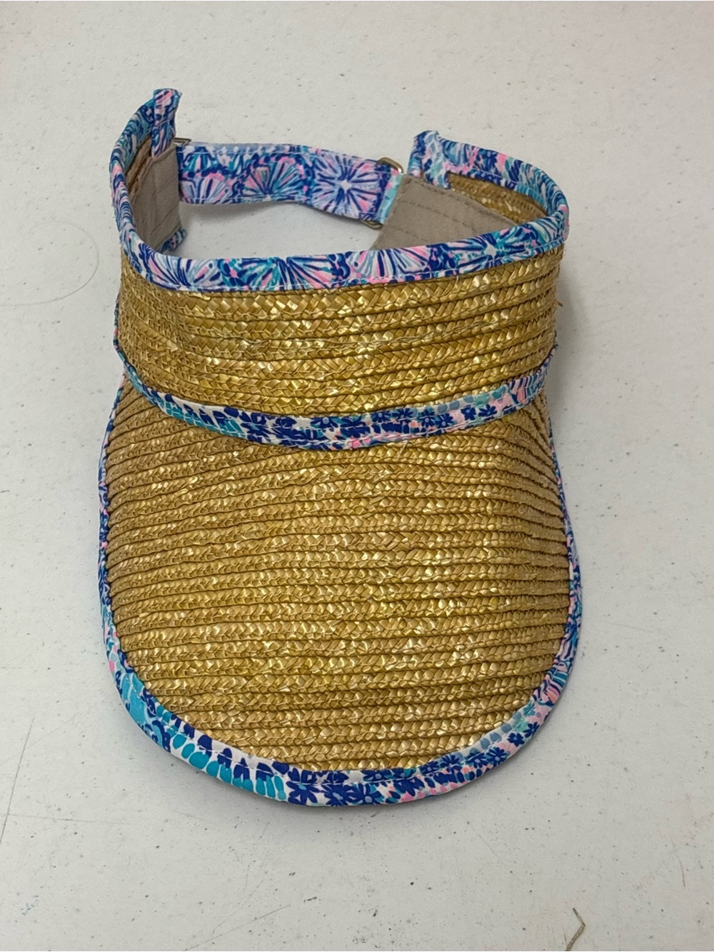 Lilly Pulitzer Gold Straw Visor with Blue and Pink Trim